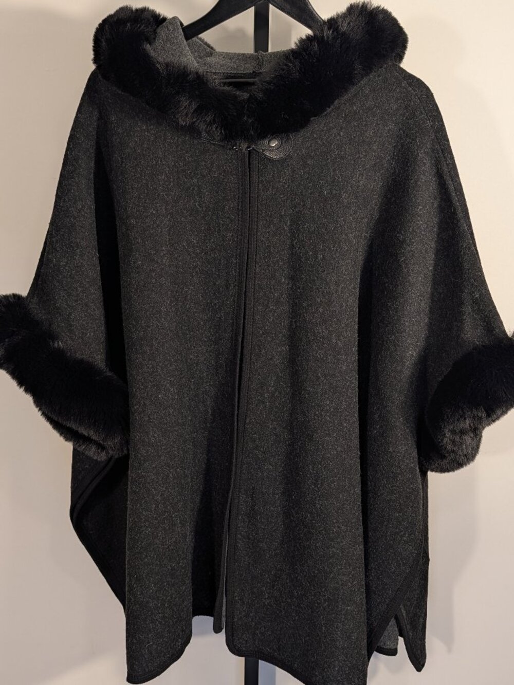 Black Faux Fur Trim Cape | Hooded Poncho | Luxe Draped Winter Wrap | One Size